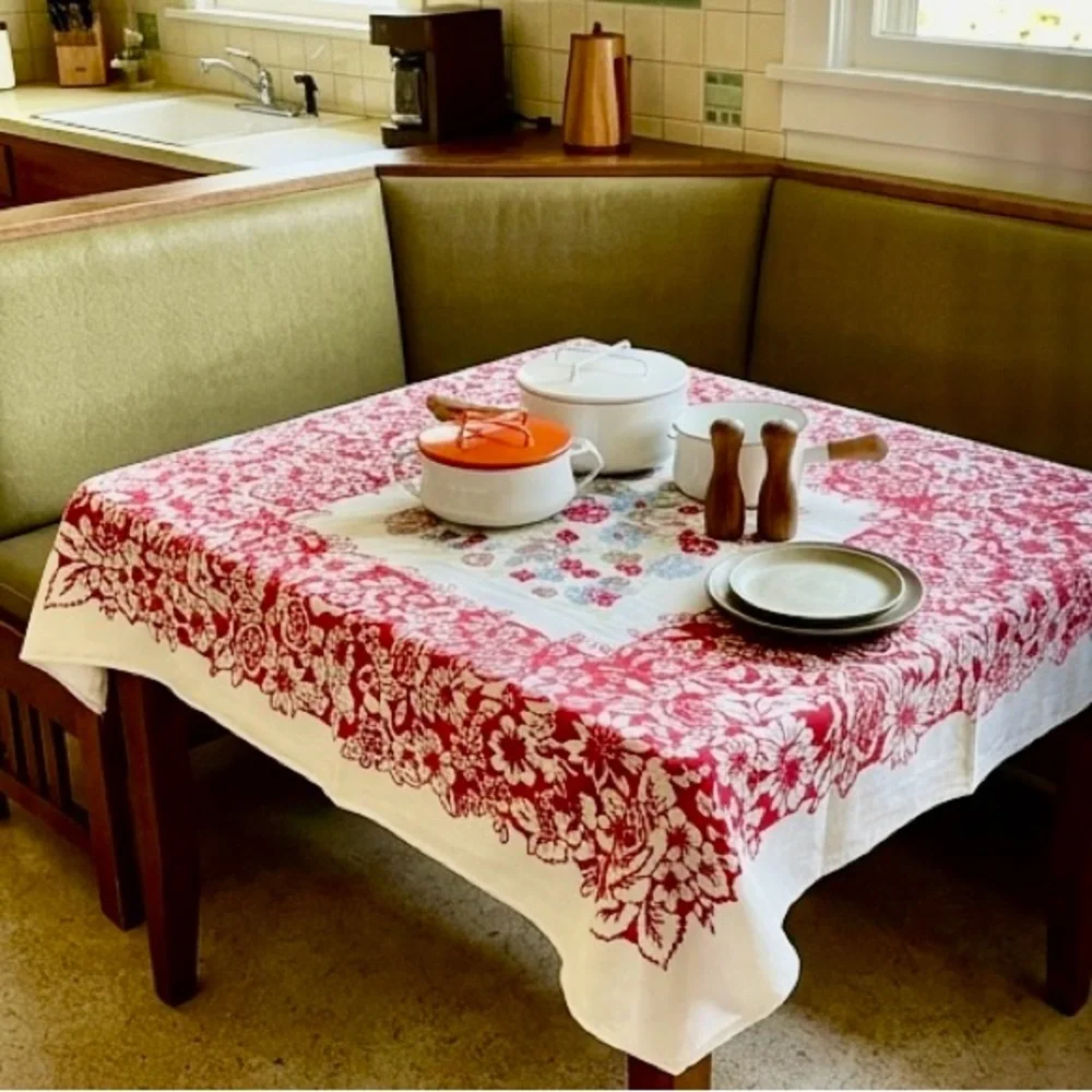 Vintage Mid Century Floral Tablecloth Red Blue 48x58 Cottagecore